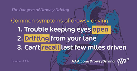 Common symptoms of drowsy driving: trouble keeping eyes open, drifting from your lane, can't recall last few miles driven. Source: AAA.com