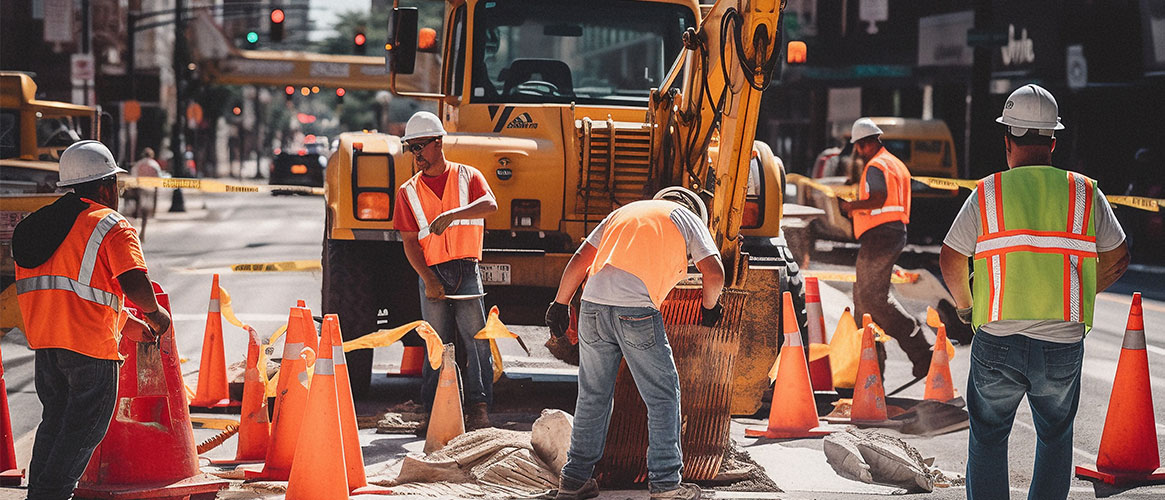 Road construction workers wearing high visibility vests on the job so they are seen better by passing motorists