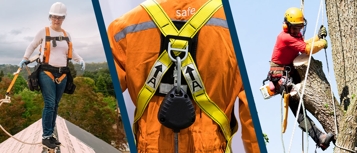 Roofer, person wearing fall protection gear, and tree worker performing job duties